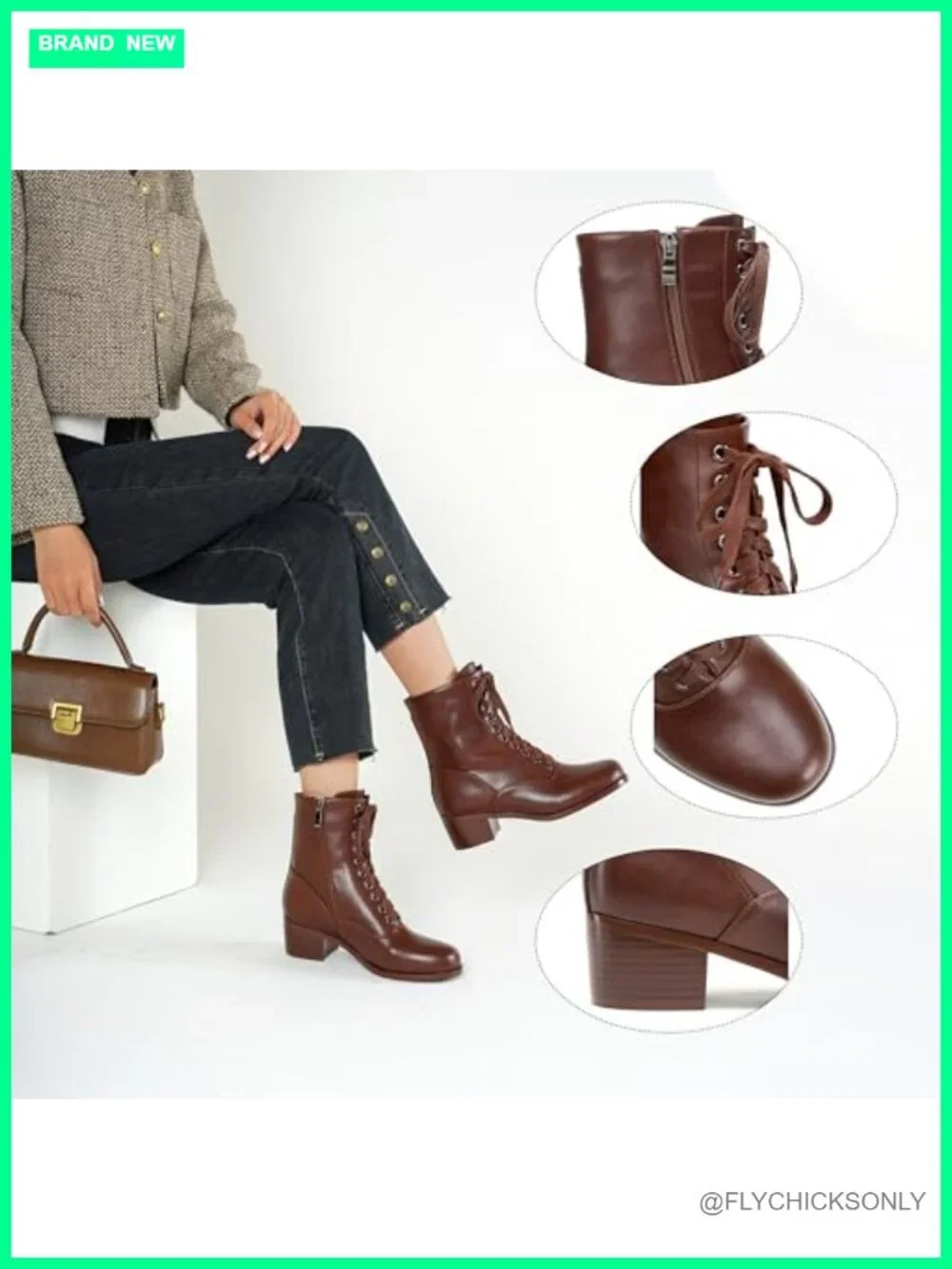 Victorian Lace Up Ankle Booties Faux Leather Chunky Heel Side Zip